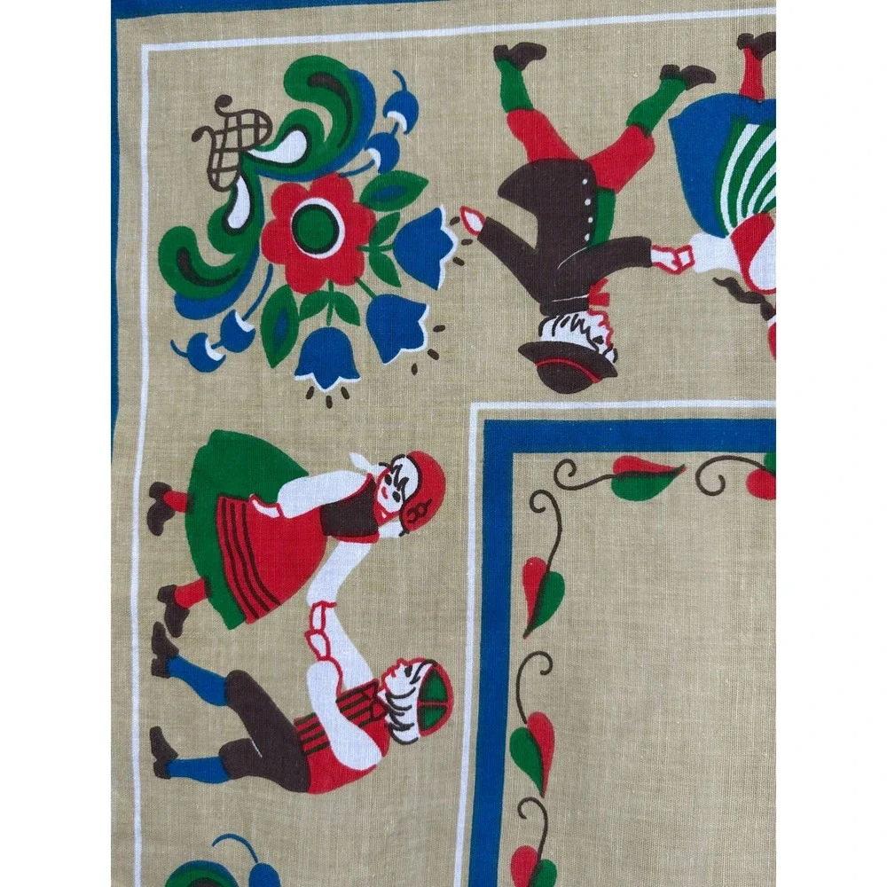 Vintage Scandinavian Folk Dance Linen Tablecloth / Wall Hanging – Blue Border‎